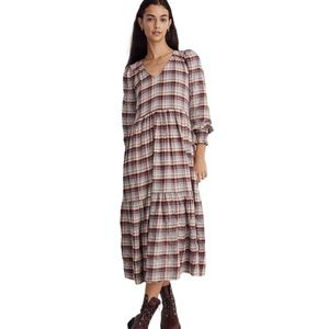 NWT Madewell Plaid Tiered Puff Sleeve Midi Dress in Dusk Peri Plaid - XXS XS